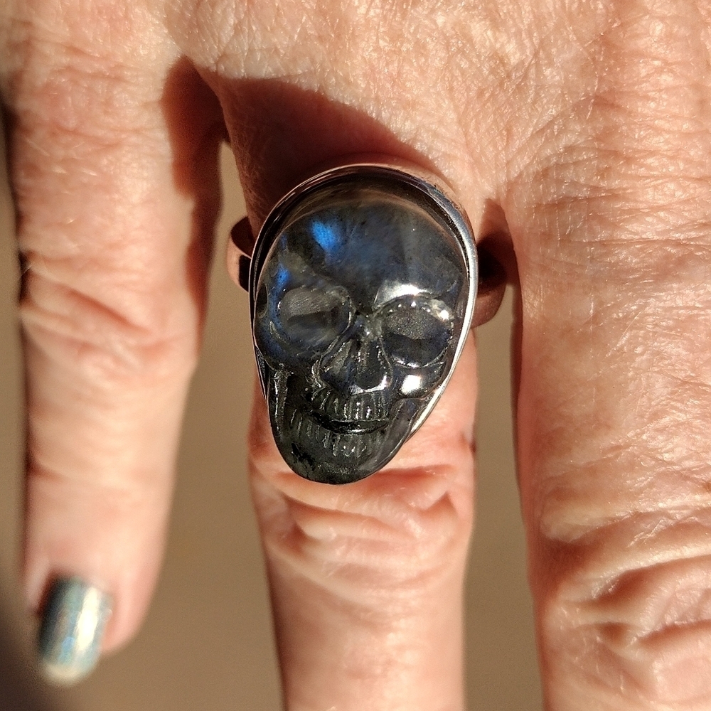 925 Labradorite Skull 💀 Ring size 7 1/2 adjustable - Picture 8 of 10